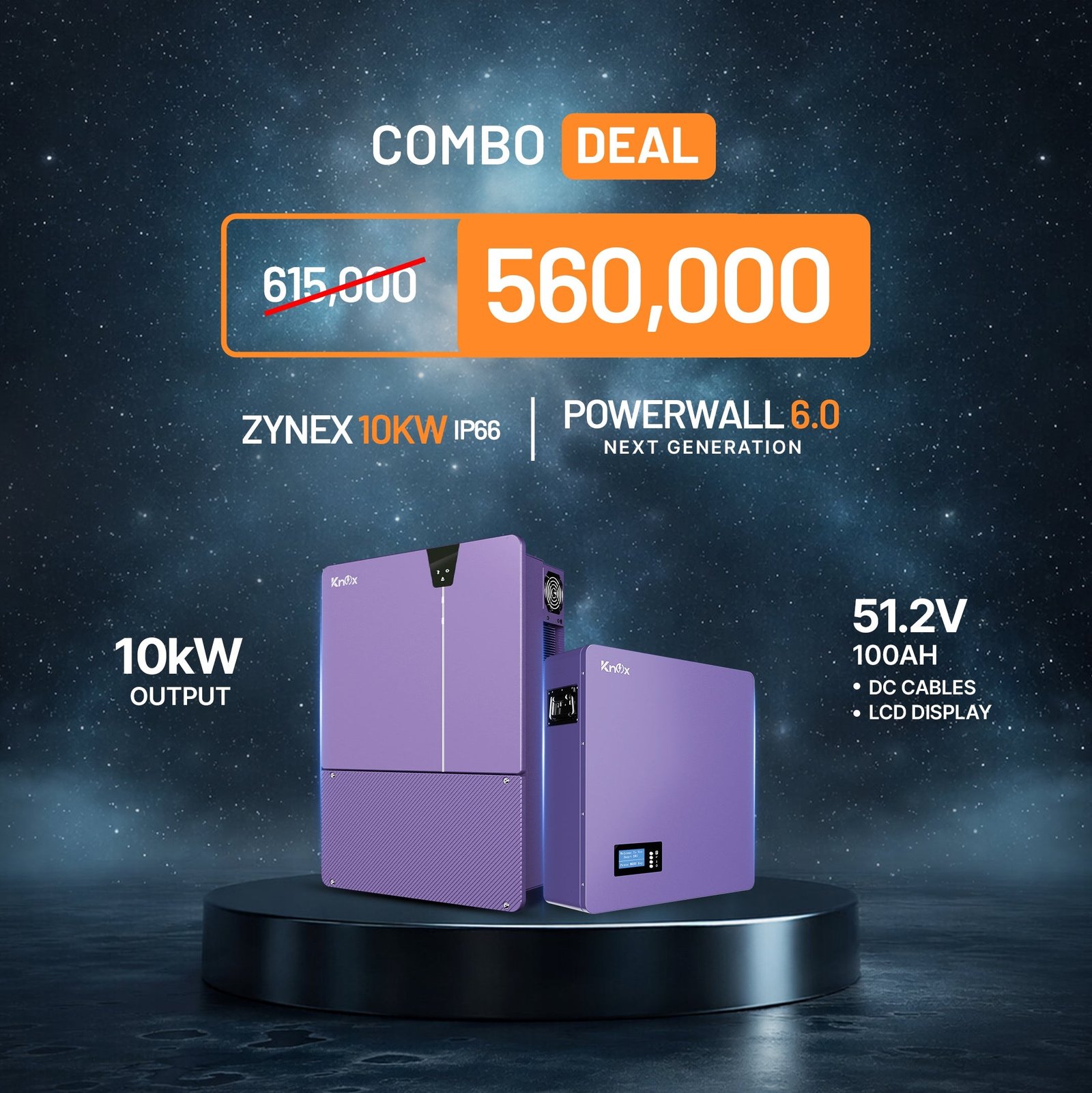 Knox Zynex 10KW Solar Inverter Combo with Powerwall 6.0 51.2V 100Ah Battery | IP66 Hybrid Solar Energy System (AR-003151) | Knox Solar