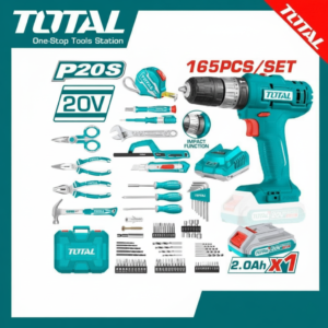 TOTAL THKTHP11652 165 Pcs Tool Set with 20V Cordless Impact Drill, Battery & Charger – Complete Hand & Power Tool Kit in Carry Case